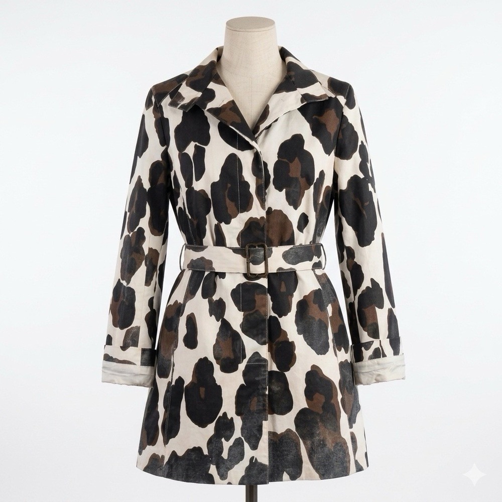 Carlisle Cow Print Trench Coat Womens 8 100% Cotton Belted Lined Western Jacket